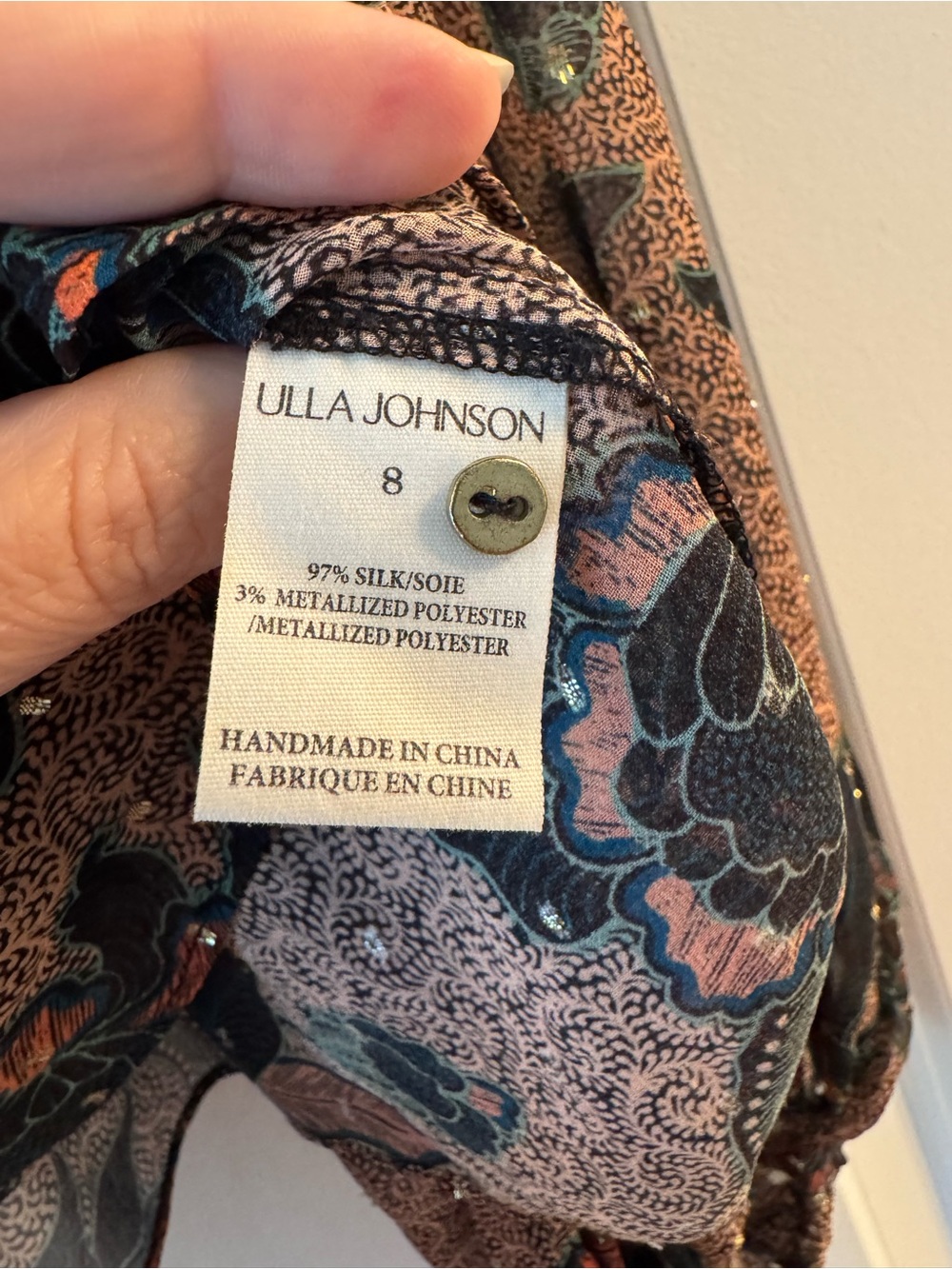 Ulla Johnson Taupe and Navy Floral Silk Blouse